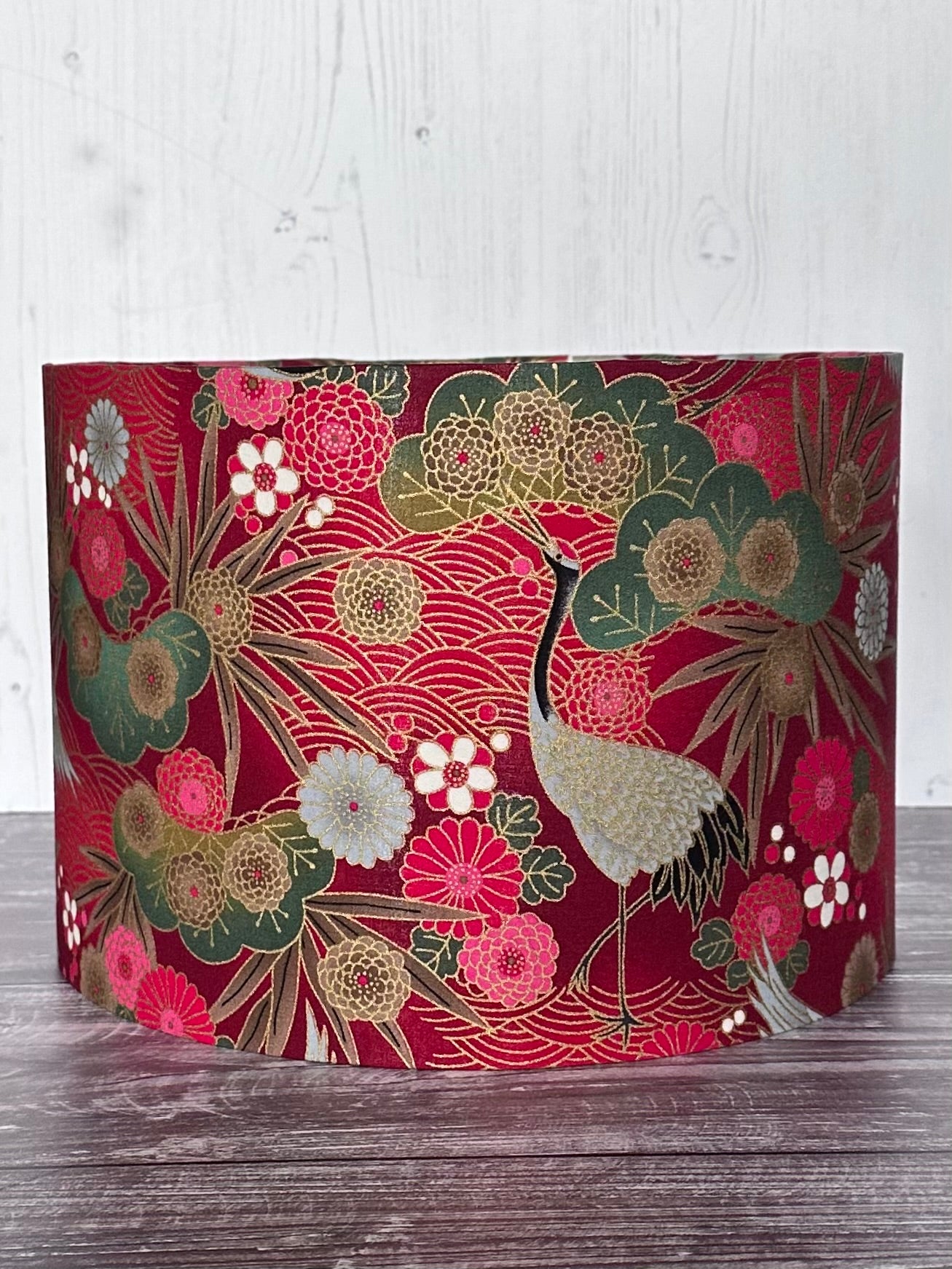 Japanese Fabric Lampshade Red and Gold Crane